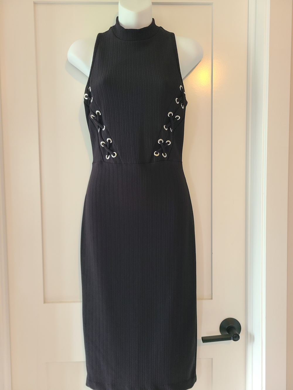 Dynamite Black Ribbed Midi Dress with Lace-Up Grommet Detail